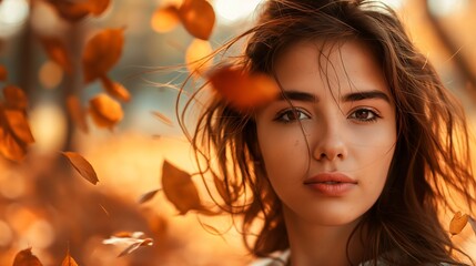 A girl model with a windswept hair look, wearing a casual outfit, against a backdrop of scattered autumn leaves in warm hues.