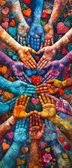 Unity in Diversity A vibrant tapestry of hands from diverse backgrounds coming together to form a heart shape
