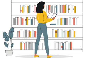 A young woman stands in front of a stack of books. Vector flat concept of library, learning, exam preparation. The girl is holding a book in her hands and reading. Home library, self-development.