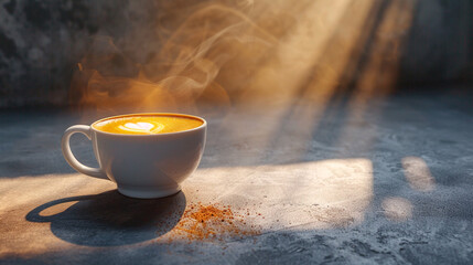Close-up photo of cup of coffee. Lots of sunshine. The cup is on the table and steam is coming out of it. Cozy morning photo - obrazy, fototapety, plakaty