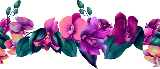 Horizontal seamless border with watercolor neon colored orchid flowers