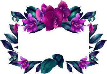 Frame with watercolor magenta and purple orchid flowers and deep green leaves - 759081079