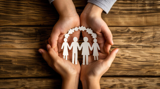 two hands are gently cupping a chain of paper figures resembling a family