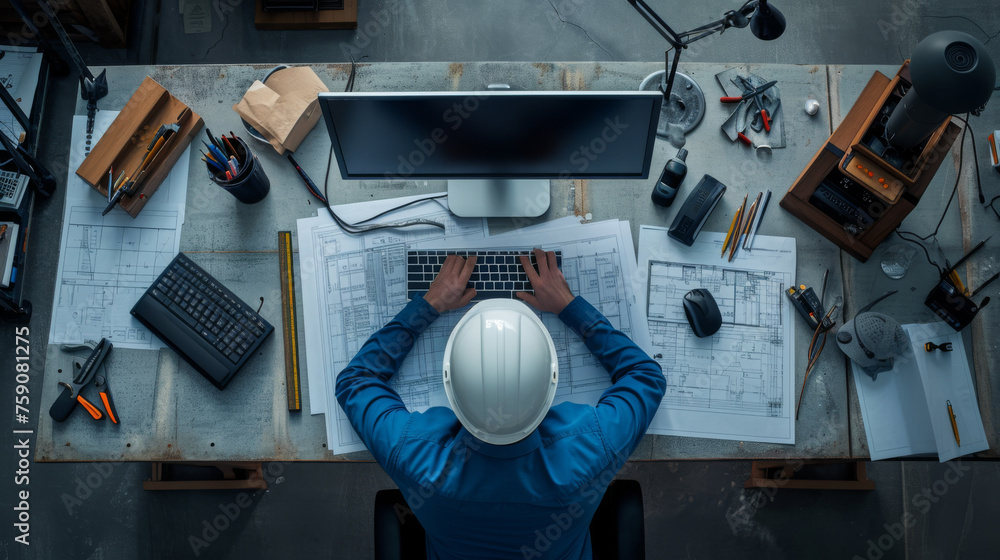 Poster overhead shot of an architect working at a desk with blueprints
