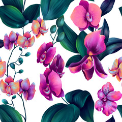 Tropical seamless pattern of watercolor colorful orchid flowers and deep green leaves