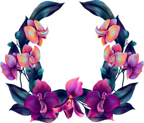 Wreath with watercolor colorful orchid flowers and leaves, copy space - 759081285