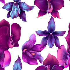 Seamless pattern of watercolor bright pink and purple orchid flowers