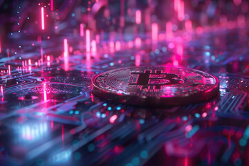 Fototapeta na wymiar Bitcoin coin on a circuit board, symbolizing the technological foundation of cryptocurrency