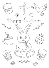 Easter Set in continuous one line style with design elements like bunny, eggs, dove, candle, cross, Easter cake, mug, flowers. Black and white vector. Clipart. Easter card with Happy Easter greeting