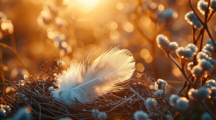 A single delicate white feather lying in a bird's nest, highlighted by the soft glow of a golden sunset among pussy willows. - obrazy, fototapety, plakaty