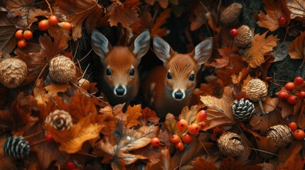 Two cute fawns peeking through a bed of colorful autumn leaves and pine cones, in a natural forest...