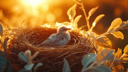 A peaceful chick nestled within a cozy nest surrounded by foliage, basking in the warm, golden light of sunset.