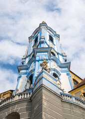 famous blue and white church of Dürnstein, Wachau, unesco, world heritage, lower austria, austria