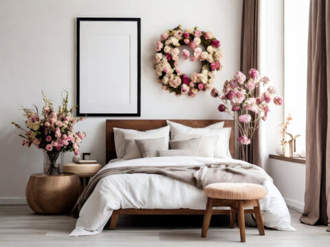 Bedroom with modern interior, Flowers on Wooden Stool and pouf in white background with Poster Frame