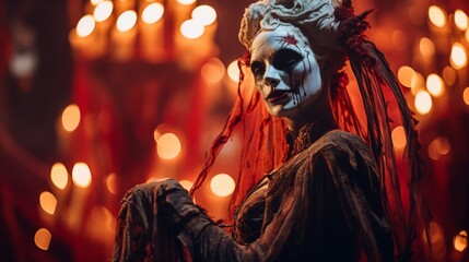 a spectacle featuring gothic character in terrifying makeup, offering a captivating and fear-filled theatrical performance

