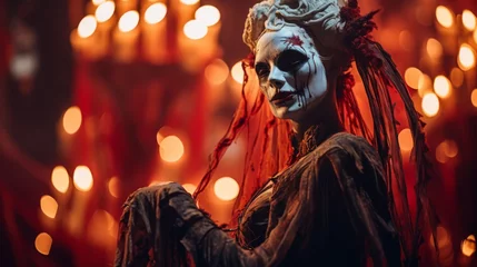 Foto op Canvas a spectacle featuring gothic character in terrifying makeup, offering a captivating and fear-filled theatrical performance  © cristian