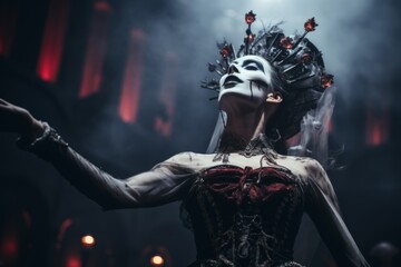 a spectacle featuring gothic character in terrifying makeup, offering a captivating and fear-filled theatrical performance

