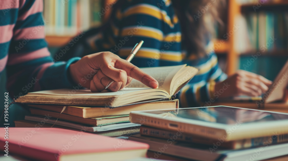 Poster close-up of a person's hand pointing at a line in an open book, with other books, a tablet