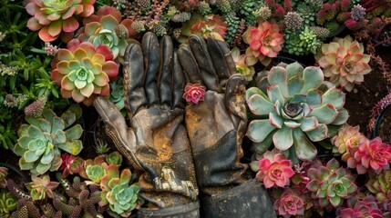 Gardener's gloves and a collection of succulents