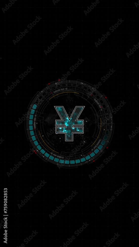 Poster motion graphic of blue digital money logo with rotation hud ui circle technology interface and futur