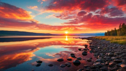 Zelfklevend Fotobehang image of a vibrant sunset over a scene lake © 99___Designer