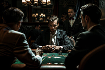 stylish handsome man gambling incasino, gathered around a poker table, embodying the essence of a luxury casino night. - 759082855