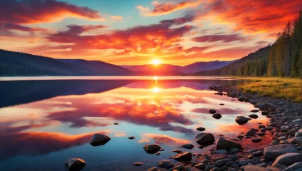 Foto op Canvas image of a vibrant sunset over a scene lake © 99___Designer