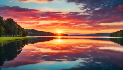 Foto auf Acrylglas image of a vibrant sunset over a scene lake © 99___Designer