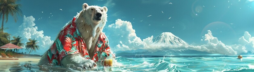A tropical polar bear savors bingsu in a vibrant Hawaiian shirt Hyper realistic - obrazy, fototapety, plakaty