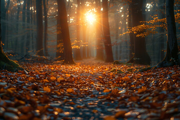 Photo of autumn forest. There are a lot of fallen leaves on the floor, and the sun is shining through the trees - obrazy, fototapety, plakaty