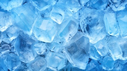 Blue ice background. Ice cubes texture closeup top view. Freeze water surface, macro view