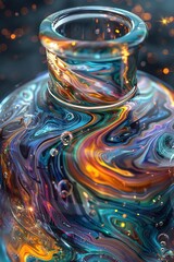 Show the mesmerizing swirls of multicolored liquid inside the potion bottle evoking a feeling of enchantment and wonder