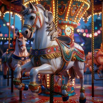 Show the horse mascot gracefully spinning on the carousel surrounded by colorful lights and carnival decorations