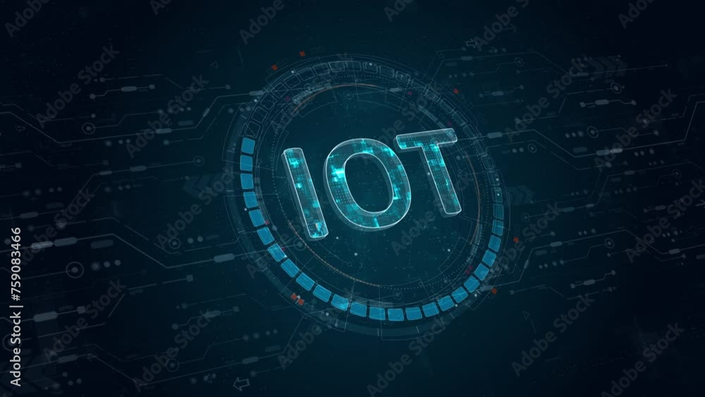 Poster motion graphic of blue digital iot letter and circle futuristic hud elements with flowing arrows wit