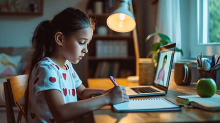 young girl engaged in an online learning session, writing notes while participating in a video call with a teacher on her laptop at a home study setup