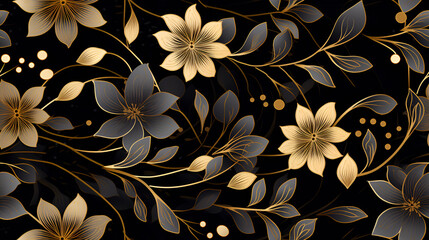 An exquisite pattern of stylized golden flowers and leaves on a black background. Metallic sheen, elegant curves, a luxurious and sophisticated design. Gen AI