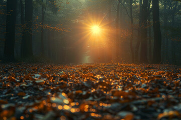 Photo of autumn forest. There are a lot of fallen leaves on the floor, and the sun is shining...
