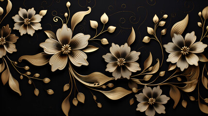An exquisite pattern of stylized golden flowers and leaves on a black background. Metallic sheen, elegant curves, a luxurious and sophisticated design. Gen AI