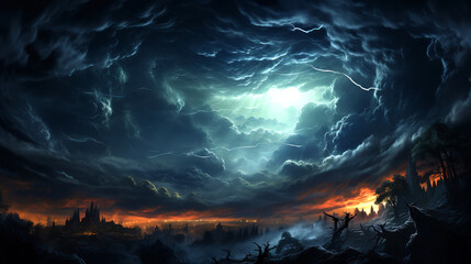 Thunderstorm with lightnings. Dramatic landscape. - obrazy, fototapety, plakaty