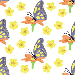 Butterfly on flower seamless pattern on white background. Flat hand drawn colored elements. Unique print design for textile, wallpaper, interior, wrapping. Spring concept