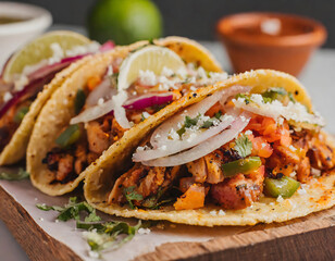 Close-up of delicious tacos filled with grilled chicken, fresh vegetables, and garnished with lime wedges, making it visually appealing and indicative of a flavorful meal.