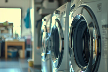 Photos of washing machines in the laundry room - obrazy, fototapety, plakaty