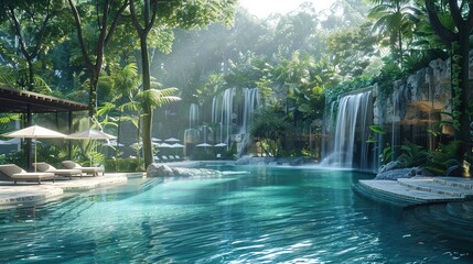 Indulge in luxury with this AI-crafted image of a resort-style pool, featuring a serene infinity edge, cascading waterfalls, and private cabanas nestled amidst tropical foliage.