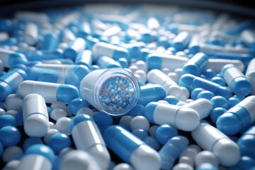 Witness the motion of a blue-white capsule pill gracefully descending, symbolizing the cautious use of antibiotics. Explore the   Generative AI - obrazy, fototapety, plakaty