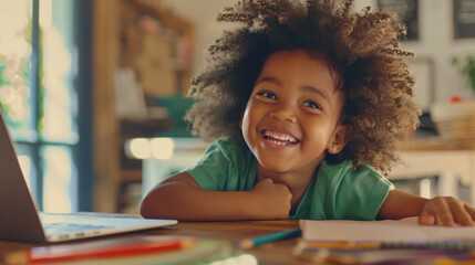 a child with curly hair, joyfully laughing while engaged in drawing or coloring, sitting at a table with papers and coloring materials.