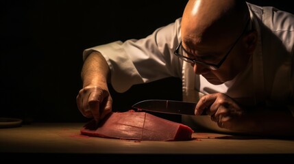 An experienced chef skillfully cuts a large piece of fresh meat with a knife