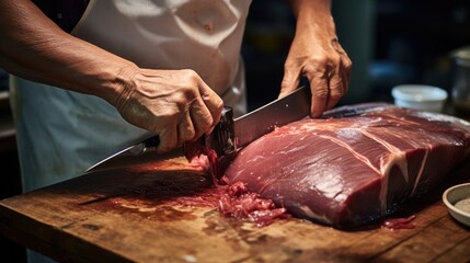 An experienced chef skillfully cuts a large piece of fresh meat with a knife