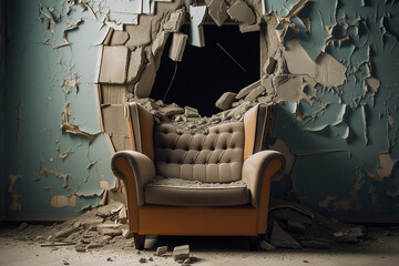 An old chair in an abandoned apartment with a crumbling wall, pieces of plaster, a hole in the wall and dust everywhere - obrazy, fototapety, plakaty