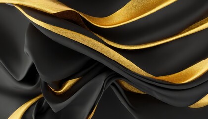 3d render abstract fashion background with cloth folds layers of floating black drape with gold edging