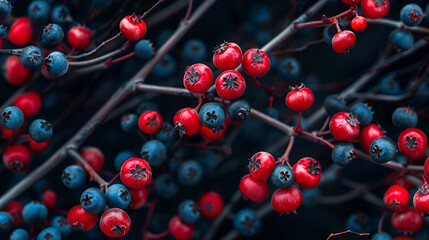 Red and blue wild berries on a black background, Healthy berries, Close-up of berry fruits against black background, Generative Ai